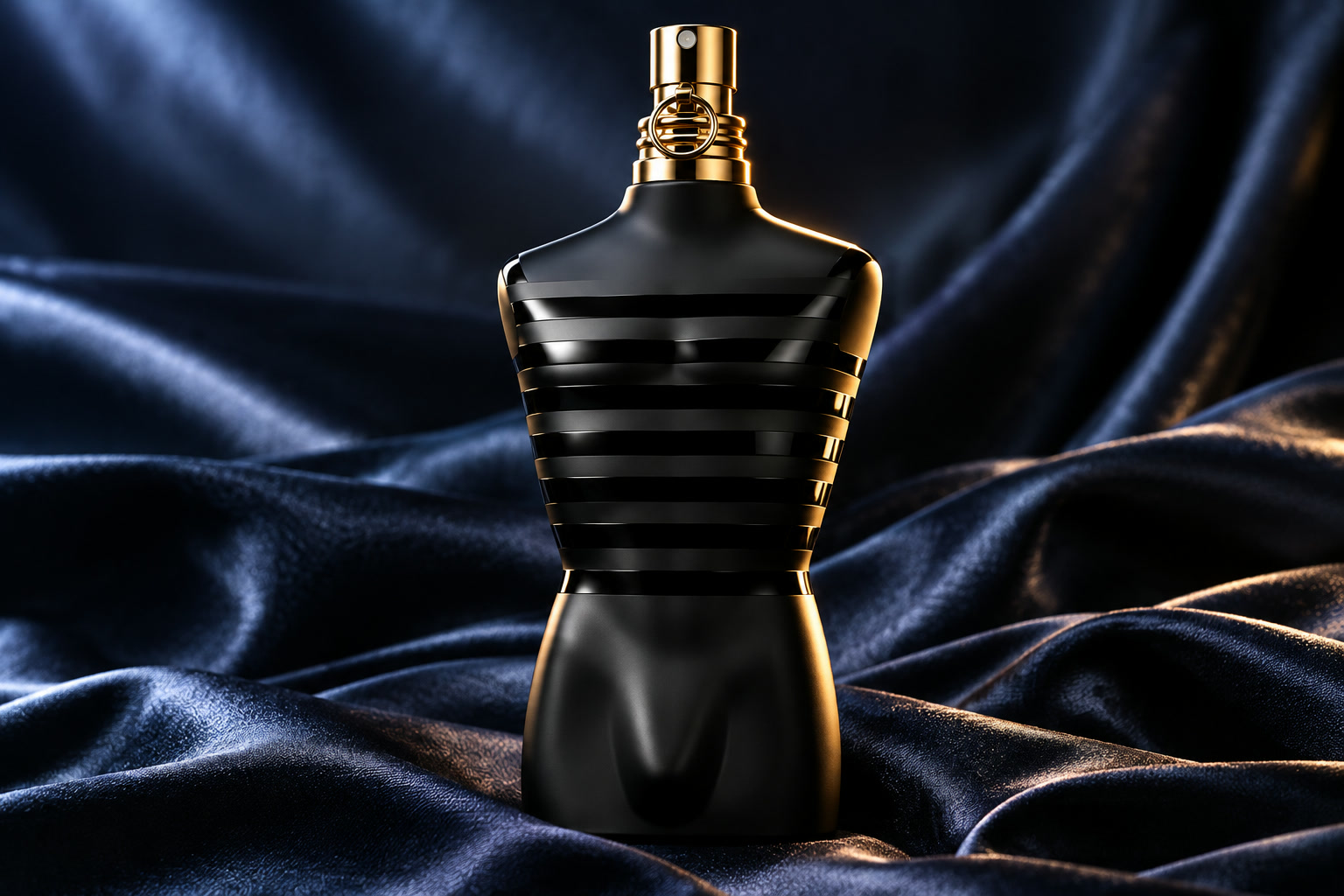 Imagem criada com IA do torso preto em uma composição de cetim azul escuro.
