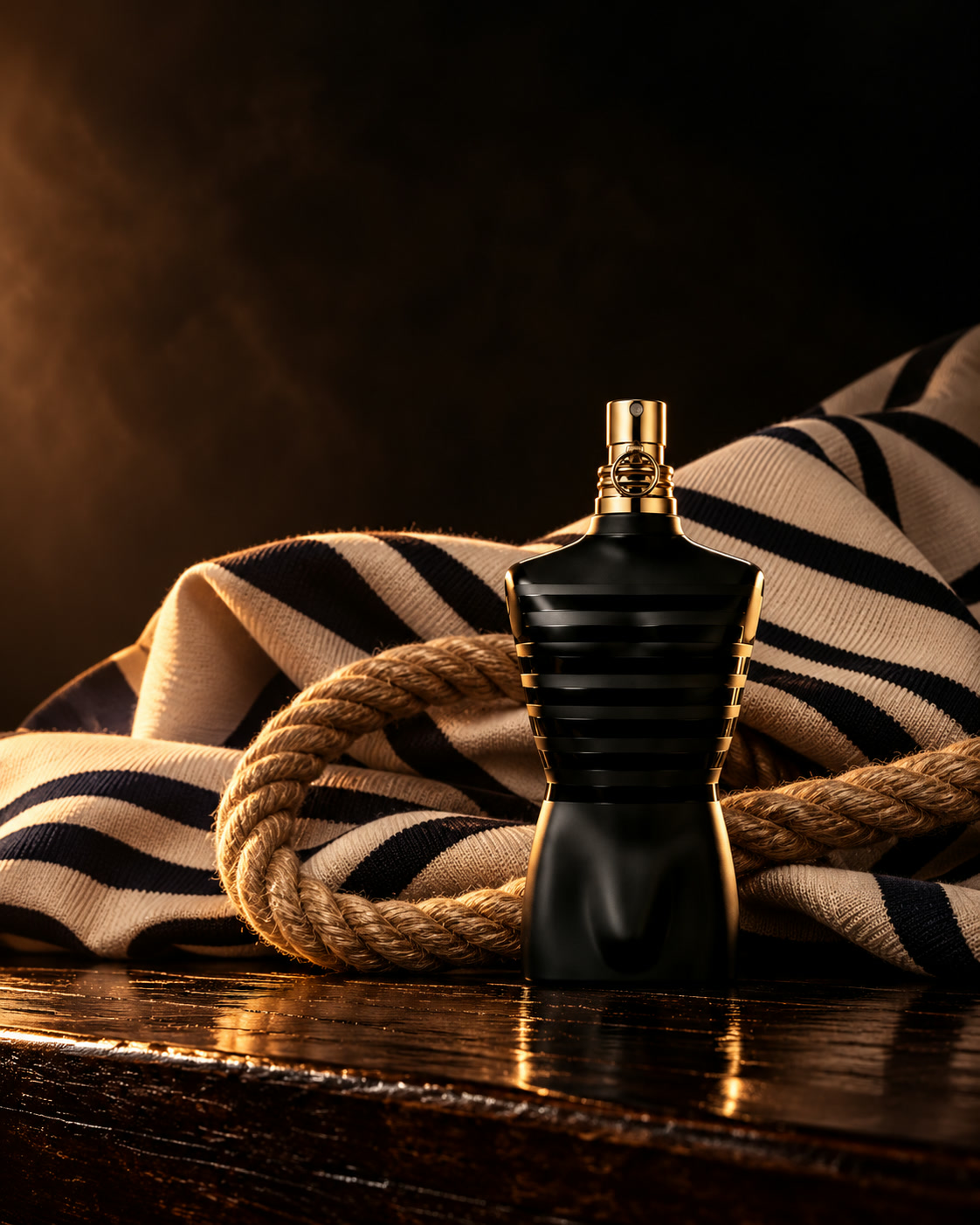 Imagem conceitual criada com IA: Le Male Le Parfum com tecido listrado e corda de marinheiro.